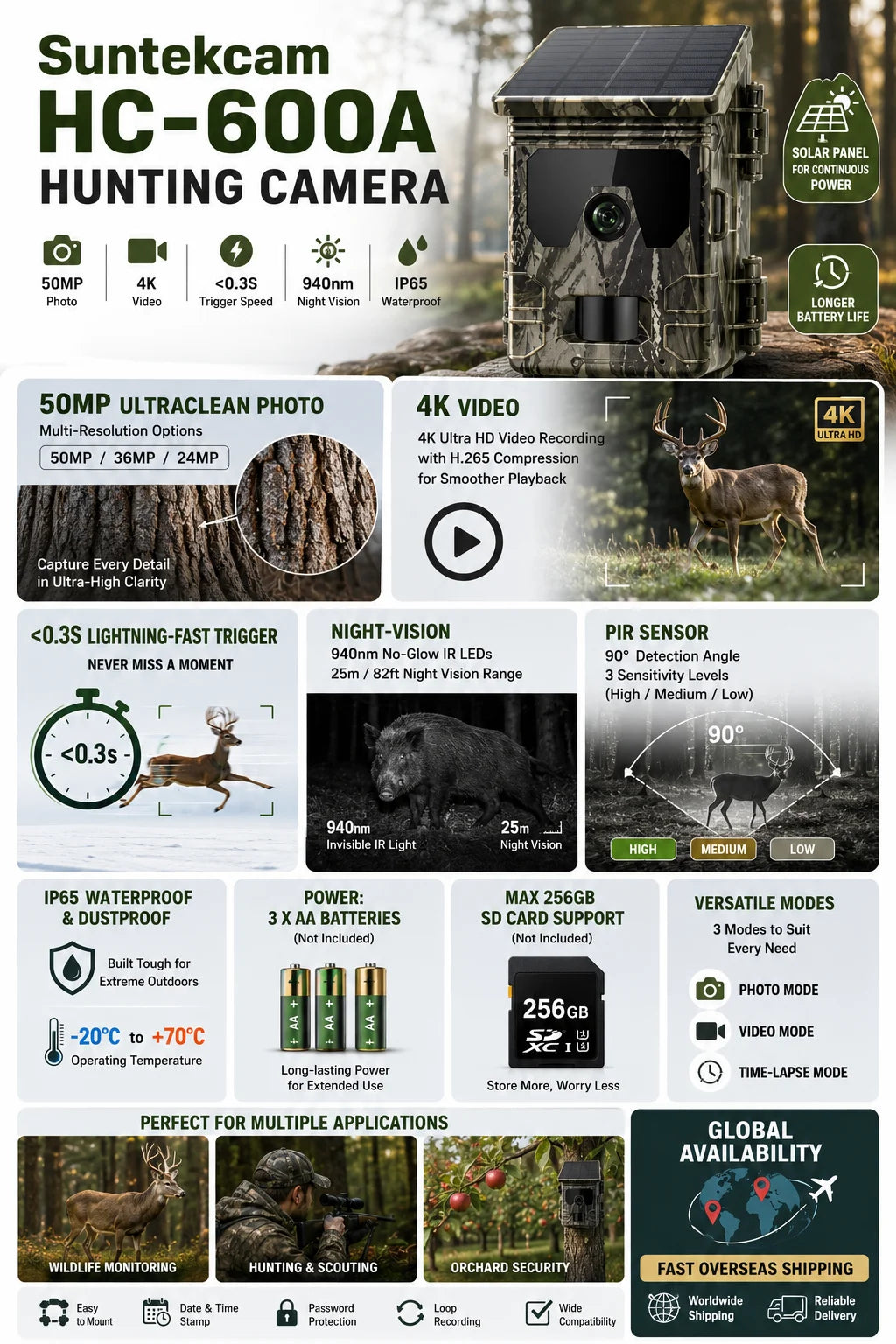 Solar Wildlife 50MP 4K Video Trail Camera with Night Vision 0.3s Motion Activated Waterproof for Outdoor Hunting Garden Monitori