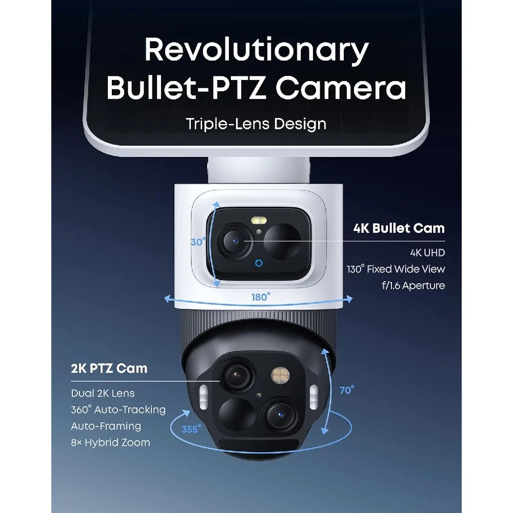 4K Solar Camera Wireless Outdoor Triple Lens Bullet-PTZ Cam 360° View 8X Auto Zoom AI Recognition AI Track Color Night Vision