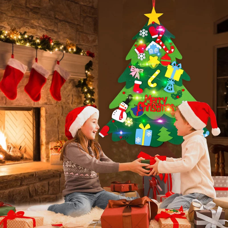 DIY Felt Christmas Tree DIY Kids Toys Xmas Decoration Ornaments Santa Claus Children's Tree Crafts With Light Hanging Gifts