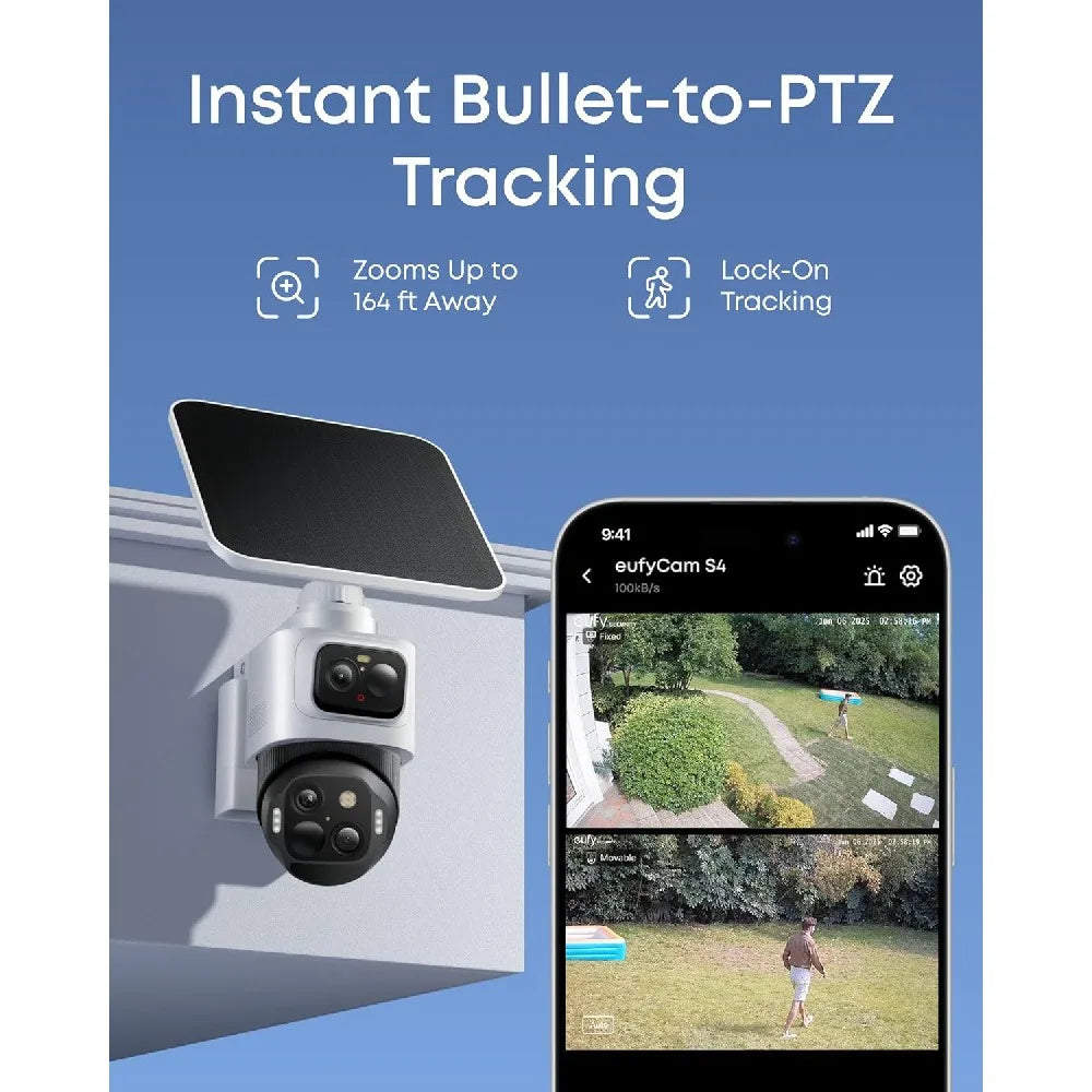 4K Solar Camera Wireless Outdoor Triple Lens Bullet-PTZ Cam 360° View 8X Auto Zoom AI Recognition AI Track Color Night Vision