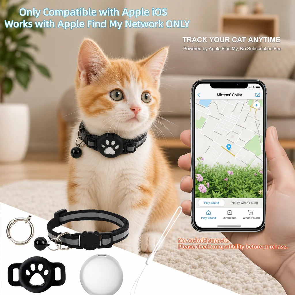iOS Smart GPS Tracker & Premium Reflective Cat Collar Bundle Secure Adjustable Anti-Lost Location Finder for Kittens