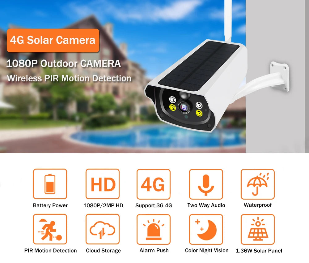 4G Solar IP Camera 1080P Solar Panel Battery Powered Camera Solar Security Camera IP Camera Solar Outdoor PIR Motion Detection