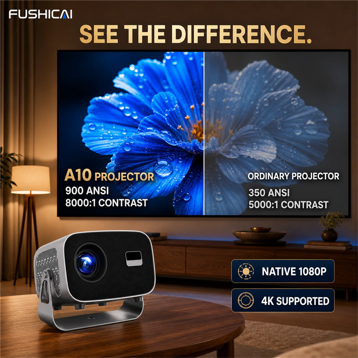 FUSHCAI Outdoor Projector A10 Portable Mini Projector with 360° Rotation 900 ANSI Native 1080P 4K Compatible Auto Focus BT 5.4