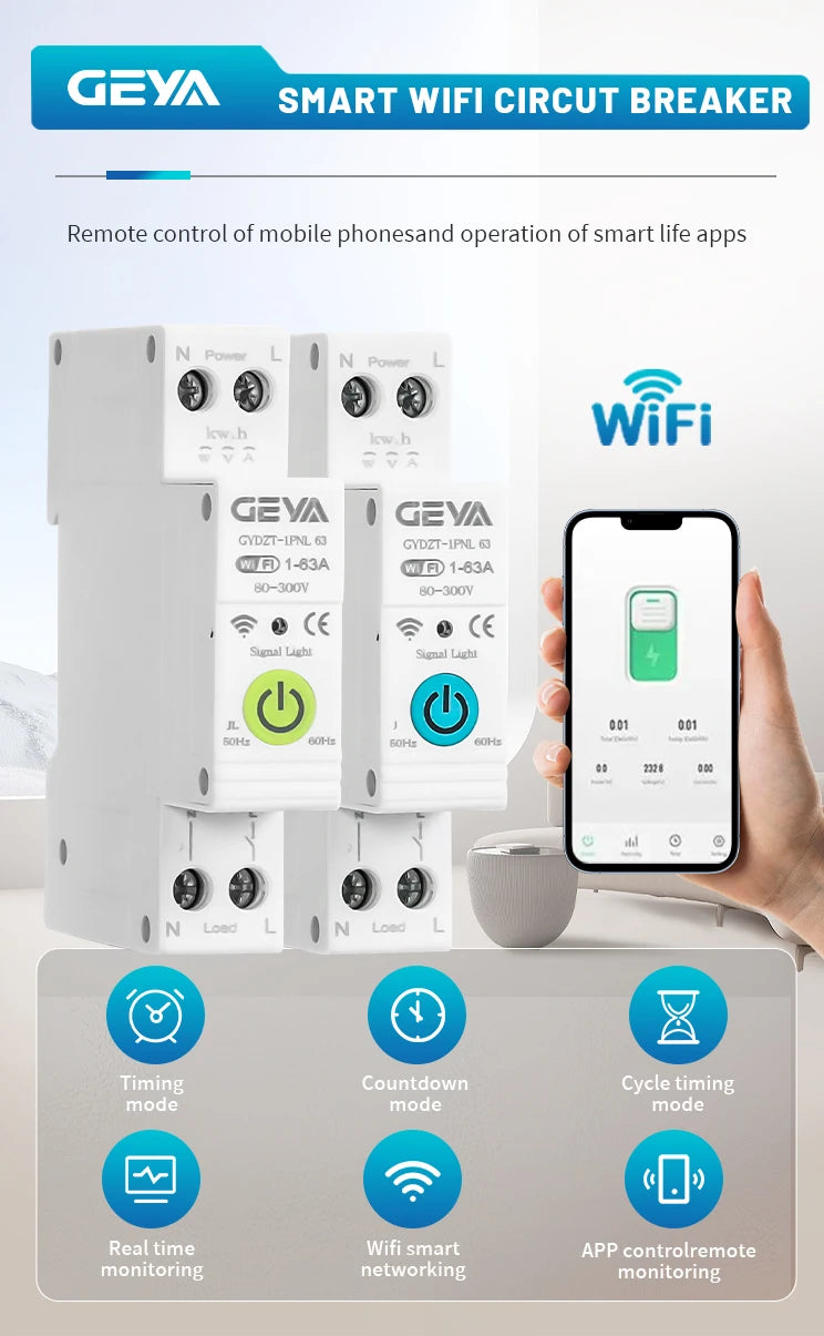 TUYA 63A Wifi Smart Circuit Breaker Switch Din Rail Remote Voice Control Home Smart Life App Tuya Timer Relay On Off Switch