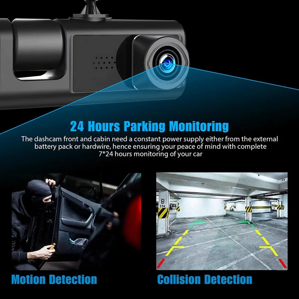 HONGTONG 2 Inch 3 Lens Car Dash Cam 1080P HD Night Vision Front Inside Rear Recording with WiFi