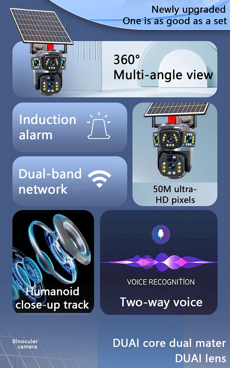 Solar Camera WiFi V360PRO Three Eyes and Two Pictures Outdoor Solar Closed Circuit PTZ Camera 1080P