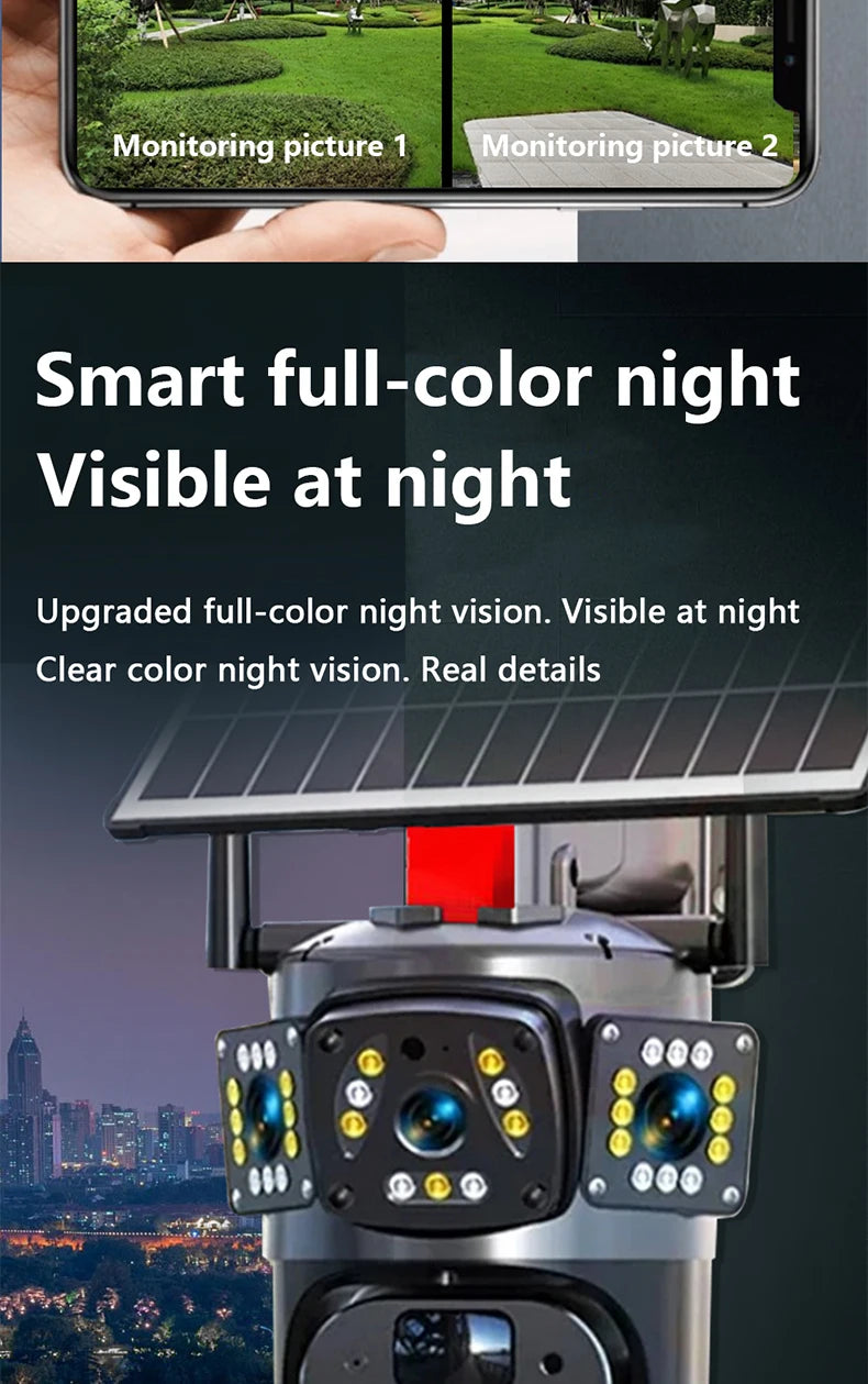 Solar Camera WiFi V360PRO Three Eyes and Two Pictures Outdoor Solar Closed Circuit PTZ Camera 1080P
