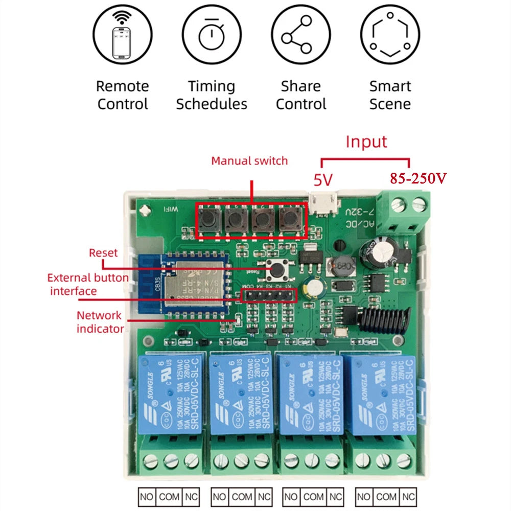 Tuya 4 Channel Smart WiFi 85-250V Switch, APP RF433 Remote Control ,Bluetooth, Inching ,Self-lock ,Inter-lock,Works with Alexa