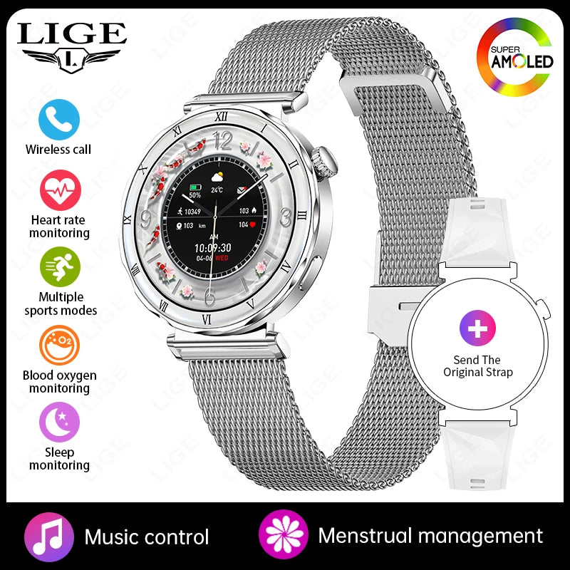 LIGE 2026 New Smartwatch Women 1.19" AMOLED Screen Always On Display Bluetooth Call Waterproof Lady Smart Watch For Android iOS