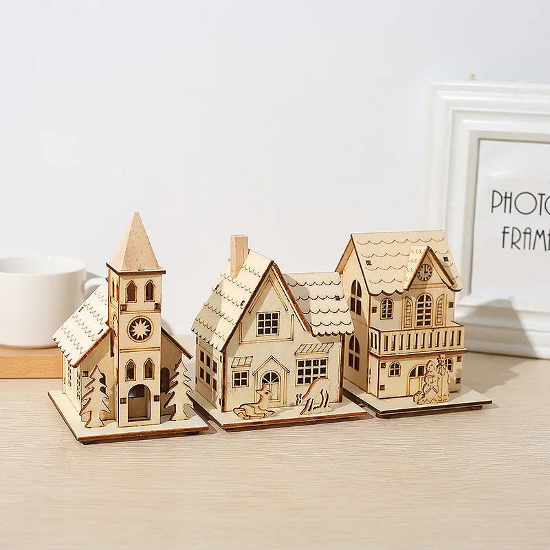 DIY Merry Christmas Decorations Mini Wooden House Luminous Cabin Christmas Tree Hanging Xmas Ornaments New Year Kids Gift
