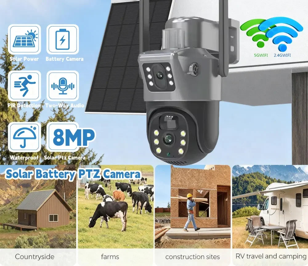4K 8MP 5G&2.4GHZ WiFi Solar Camera Dual Lens Dual Screen CCTV Camaras PIR Detection EseeCloud Surveillance Battery PTZ Cameras
