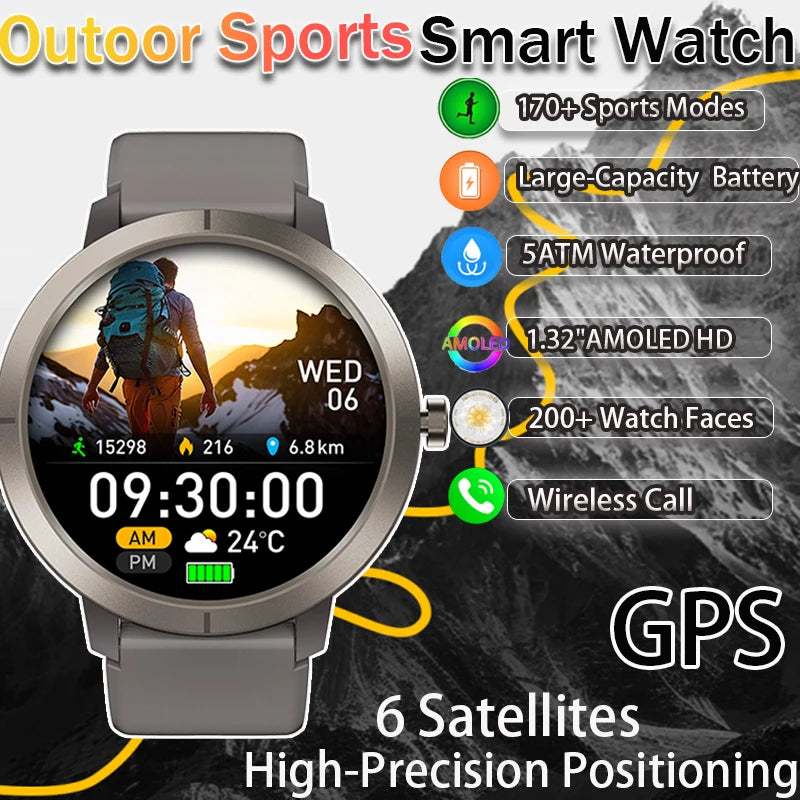 2026 GPS Smart Watch AMOLED 1.32 HD BT Call 5ATM Waterproof 170 Sport Modes 360mAh Large Battery Replaceable Strap Smart Watch