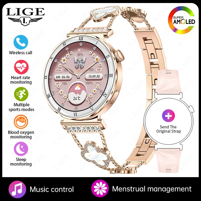LIGE 2026 New Smartwatch Women 1.19" AMOLED Screen Always On Display Bluetooth Call Waterproof Lady Smart Watch For Android iOS