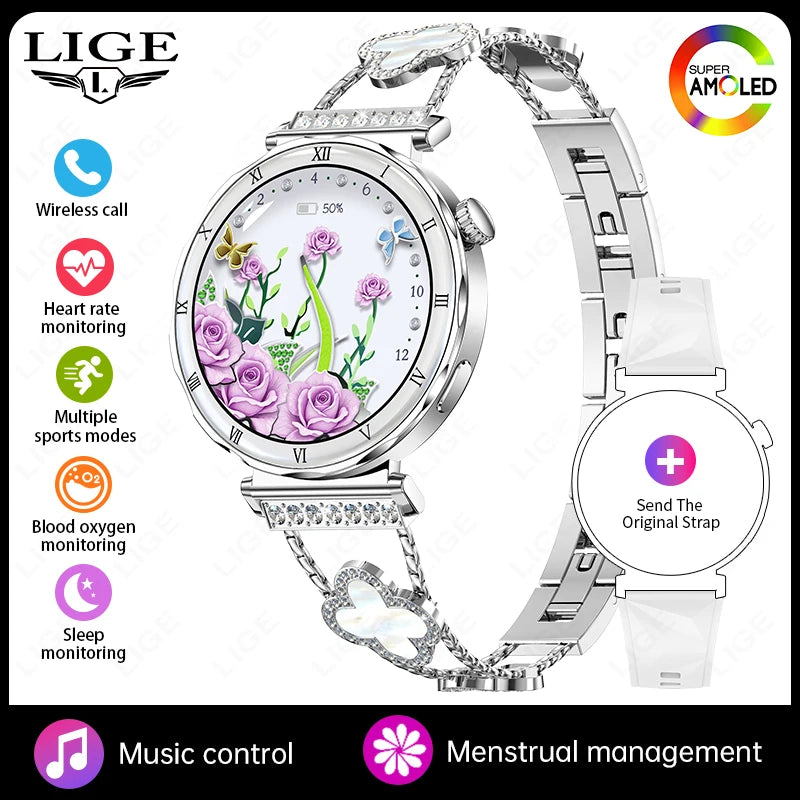 LIGE 2026 New Smartwatch Women 1.19" AMOLED Screen Always On Display Bluetooth Call Waterproof Lady Smart Watch For Android iOS