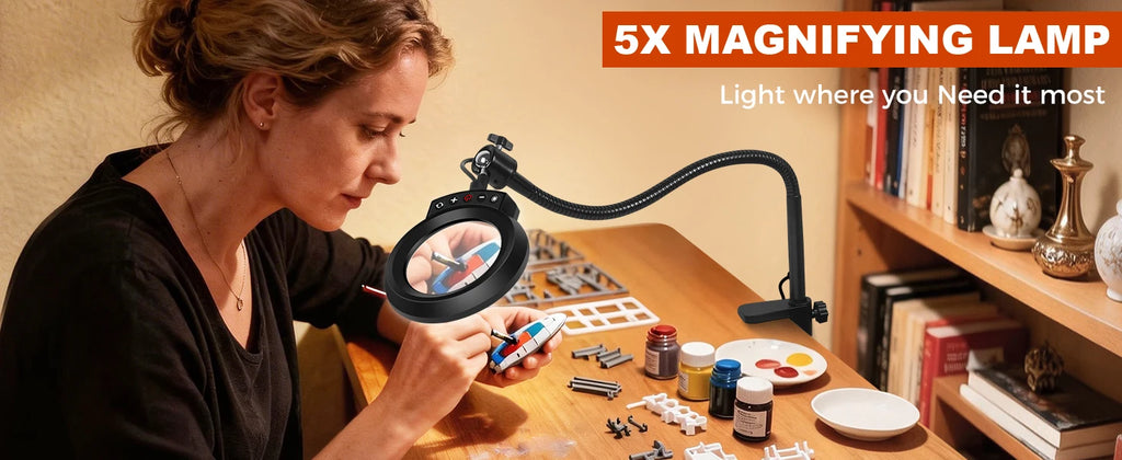 5X Magnifying Glass with Light 5 Color Modes Dimmable Lighted Magnifying Lamp Glass for Reading, Close Work, Hobbies, Crafts