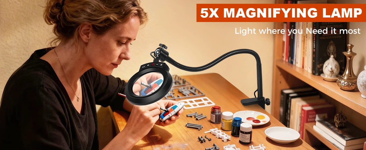 5X Magnifying Glass with Light 5 Color Modes Dimmable Lighted Magnifying Lamp Glass for Reading, Close Work, Hobbies, Crafts