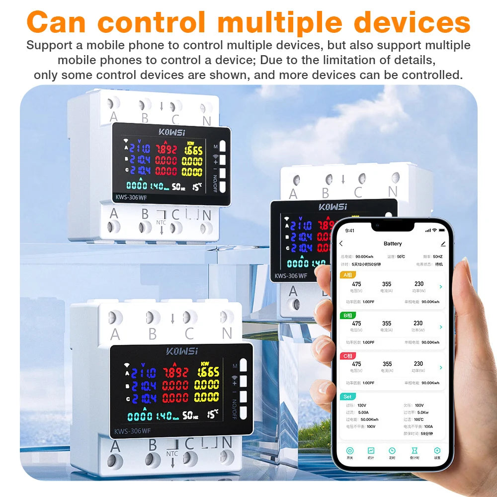 Tuya WiFi 8in1 AC Energy Meter 3P 85-290V/80A Voltage Current Meter APP Relay kWh Circuit Breaker Power Meter Smart Life