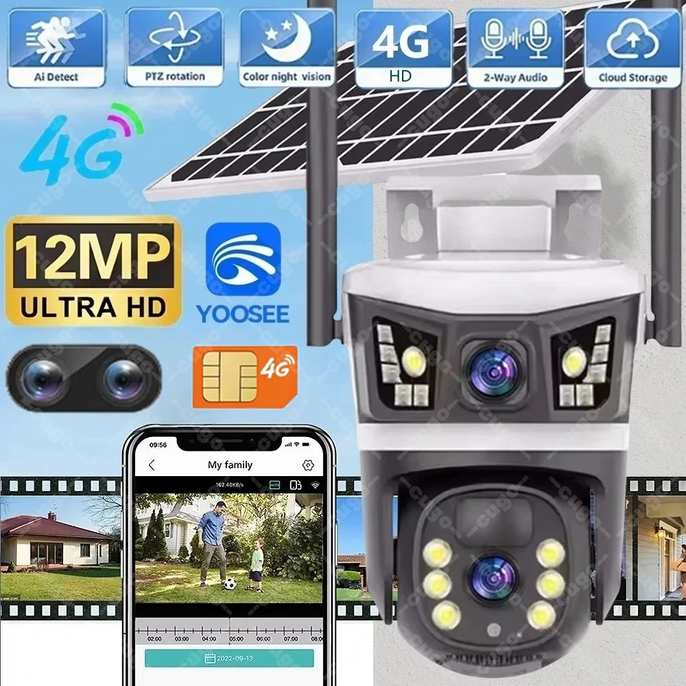 4G Solar Camera Outdoor 12MP 6K Dual Lens Dual Screens Security Video Monitor Cam Night Vision Waterproof CCTV IP Cameras Yoosee