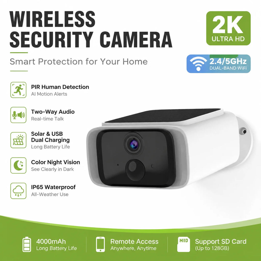 2K Solar Security Camera Wireless Outdoor 2.4/5G WiFi Cameras for Home with Fix Solar Panel Two-Way Talk Waterproof Surveillance