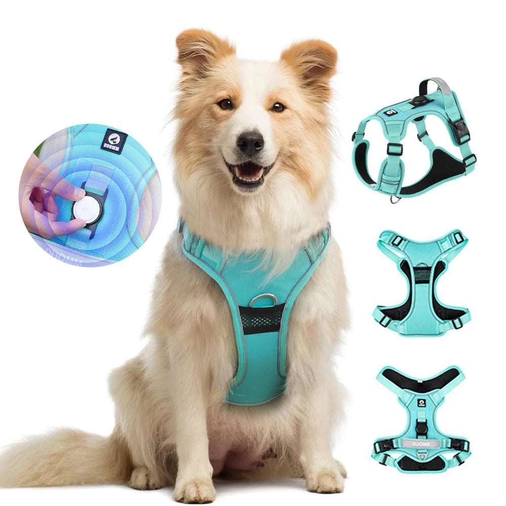 Airtag Holder Harness for Medium Large Dog Escape-Proof Reflective Vest with GPS Tracker Pocket, Adjustable Breathable Mesh