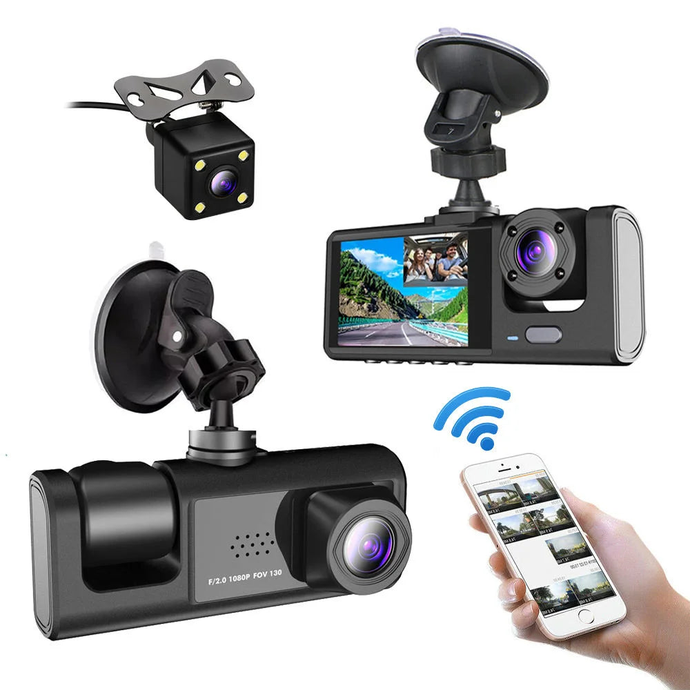 HONGTONG 2 Inch 3 Lens Car Dash Cam 1080P HD Night Vision Front Inside Rear Recording with WiFi