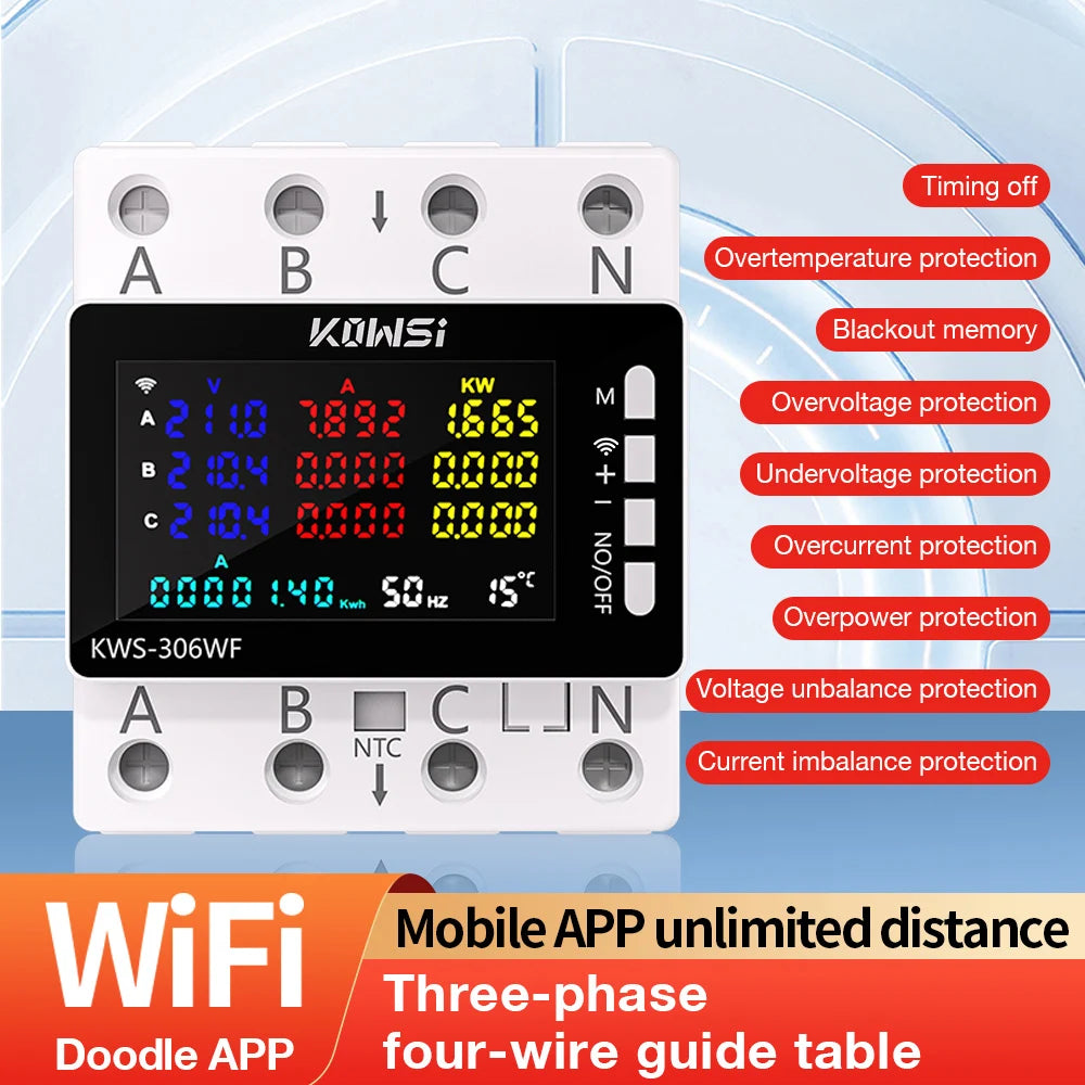 Tuya WiFi 8in1 AC Energy Meter 3P 85-290V/80A Voltage Current Meter APP Relay kWh Circuit Breaker Power Meter Smart Life