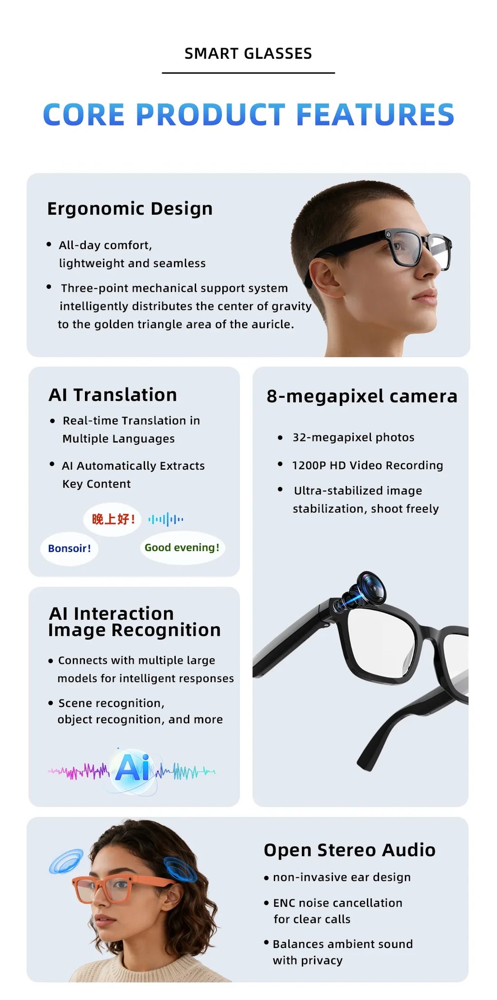 2026 AI Smart Camera Glasses 8MP 1200P Video Record Real-Time Translation Object Recognition AI Q&A Color Changing Smart Glasses