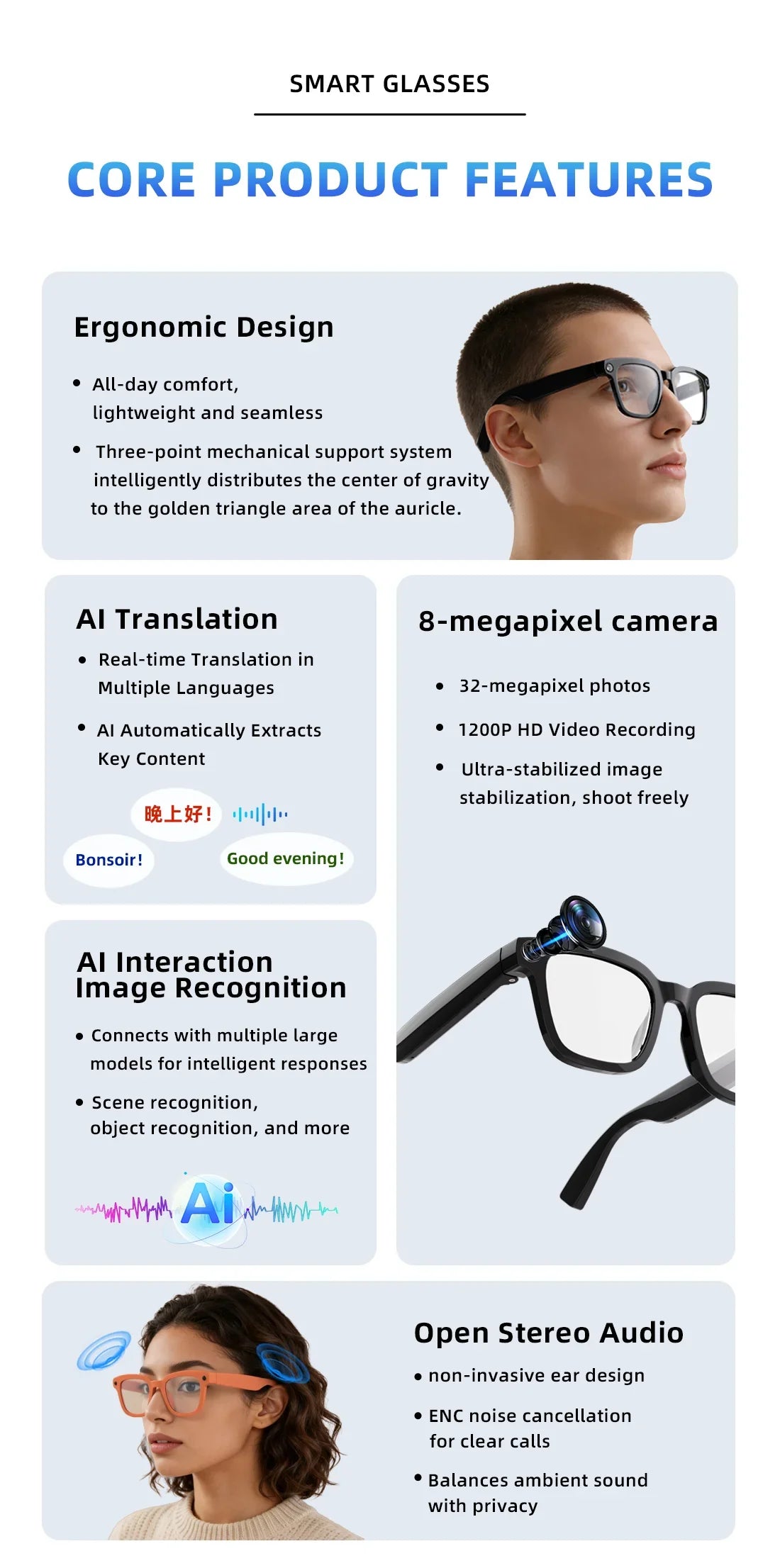 2026 AI Smart Camera Glasses 8MP 1200P Video Record Real-Time Translation Object Recognition AI Q&A Color Changing Smart Glasses