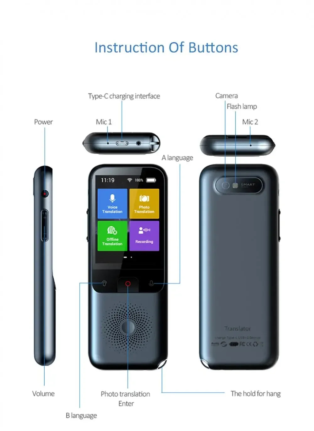 Portable T11 Smart Voice Translator, Supports 137 Languages, Real-Time Multilingual Speech Interaction, Offline Translation Devi