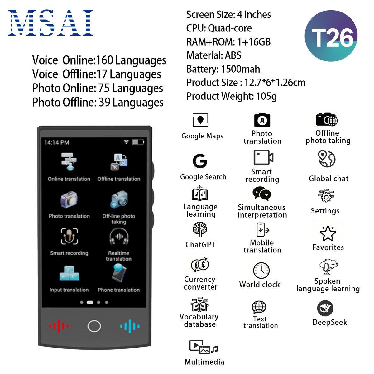 T26 T17 Metal Translator 17 Languages Offline 1+16GB Storage Professional Real-Time Interpreter for Business Meetings