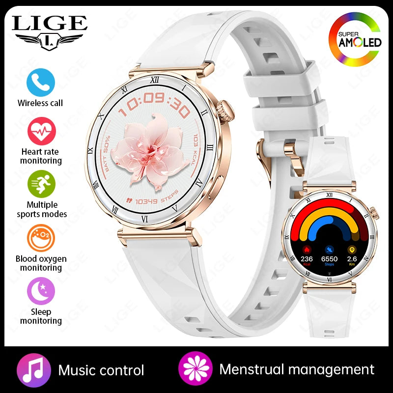 LIGE 2026 New Smartwatch Women 1.19" AMOLED Screen Always On Display Bluetooth Call Waterproof Lady Smart Watch For Android iOS