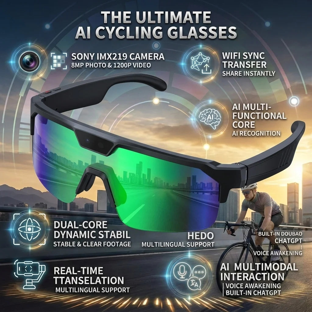 2026 New 1200P Camera Smart Glasses Men 8MP Pixel Anti-shake Video Cycling Goggles ChatGPT Translation Dual Mic Audio Sunglasses