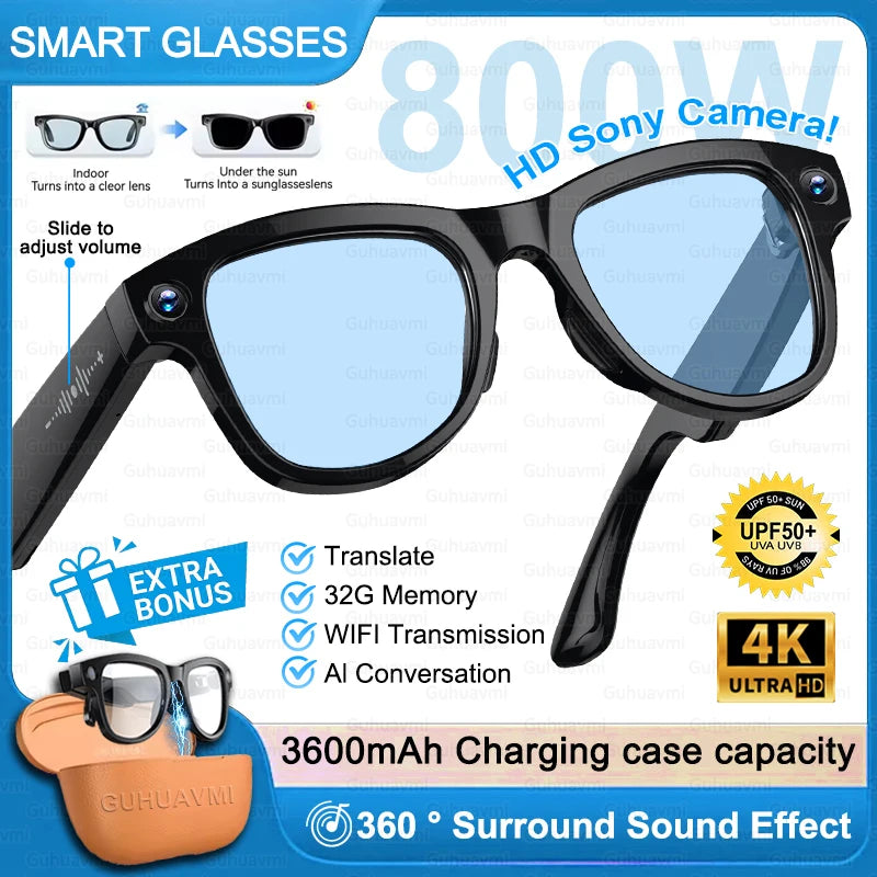 AI Smart Glasses 4KHD Camera 3600mAh Charging Case 120+Language Translation Bluetooth Call Music Sunglasses Outdoor Color Change