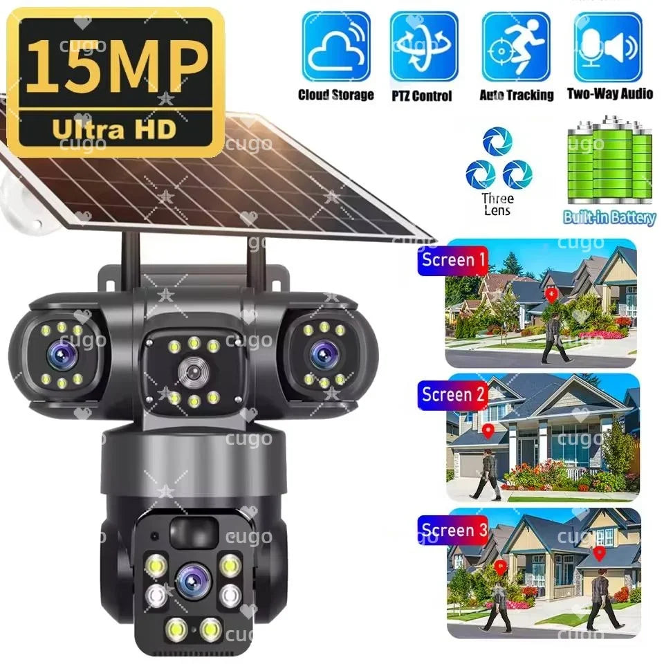 15MP 8K Wifi IP Camera Solar Outdoor Waterproof Three Lenses Camera HD Low Power Battery PIR Night Vision CCTV Security Cam
