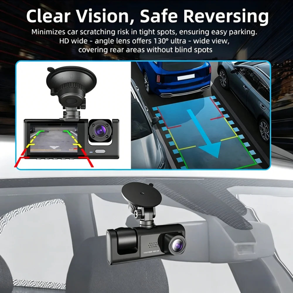 HONGTONG 2 Inch 3 Lens Car Dash Cam 1080P HD Night Vision Front Inside Rear Recording with WiFi