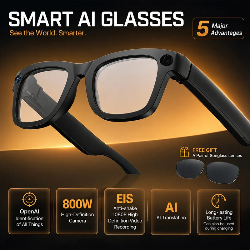 2026 New Smart AI Glasses with AI Translation 800W HD Camera EIS Stabilization 1080P Video Recording and WiFi Transmission