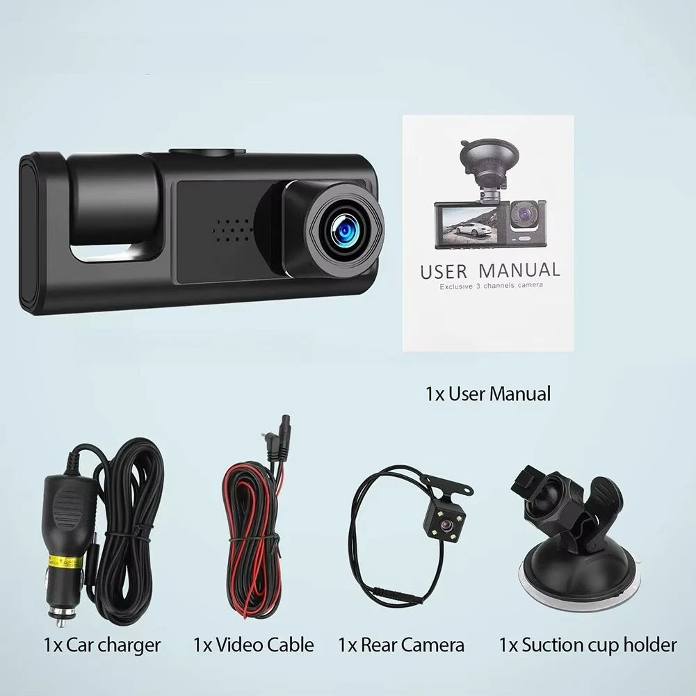HONGTONG 2 Inch 3 Lens Car Dash Cam 1080P HD Night Vision Front Inside Rear Recording with WiFi