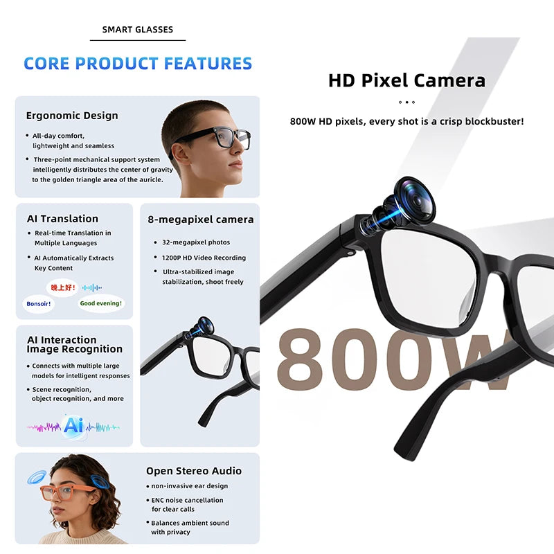 2026 AI Smart Camera Glasses 8MP 1200P Video Record Real-Time Translation Object Recognition AI Q&A Color Changing Smart Glasses