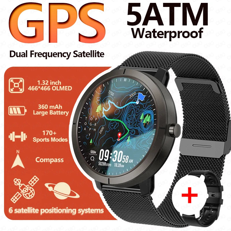 2026 GPS Smart Watch AMOLED 1.32 HD BT Call 5ATM Waterproof 170 Sport Modes 360mAh Large Battery Replaceable Strap Smart Watch
