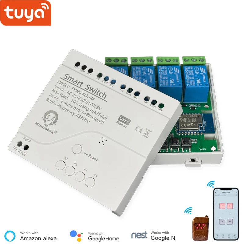Tuya 4 Channel Smart WiFi 85-250V Switch, APP RF433 Remote Control ,Bluetooth, Inching ,Self-lock ,Inter-lock,Works with Alexa