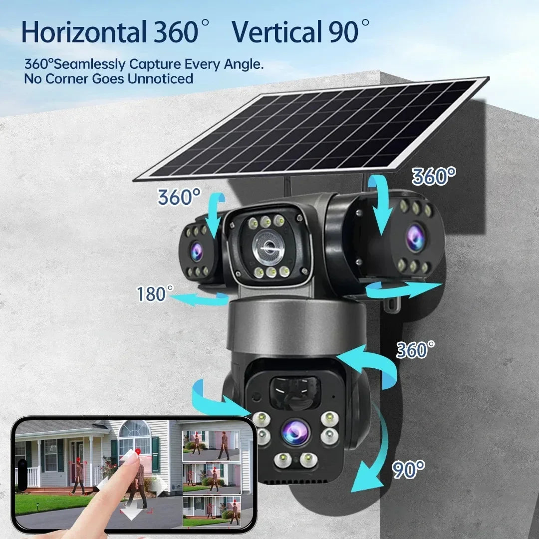 15MP 8K Wifi IP Camera Solar Outdoor Waterproof Three Lenses Camera HD Low Power Battery PIR Night Vision CCTV Security Cam