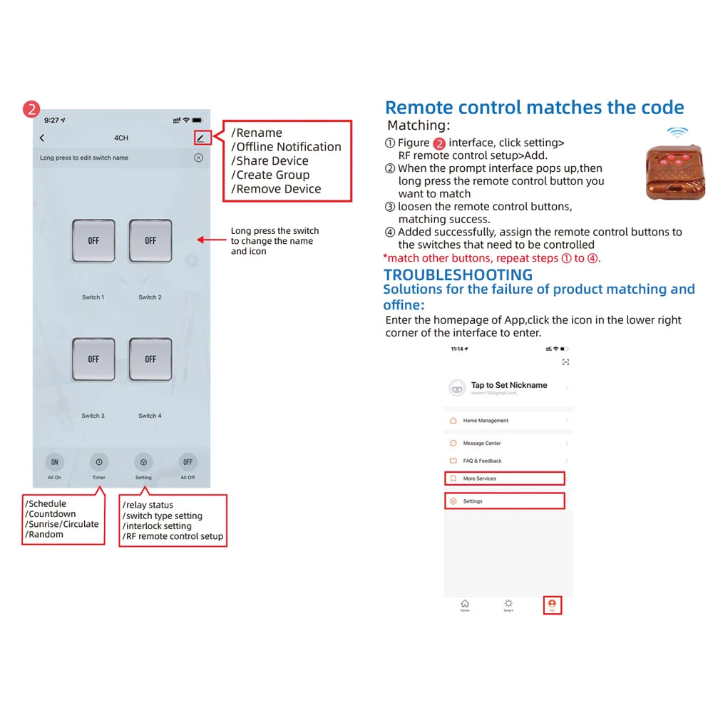 Tuya 4 Channel Smart WiFi 85-250V Switch, APP RF433 Remote Control ,Bluetooth, Inching ,Self-lock ,Inter-lock,Works with Alexa