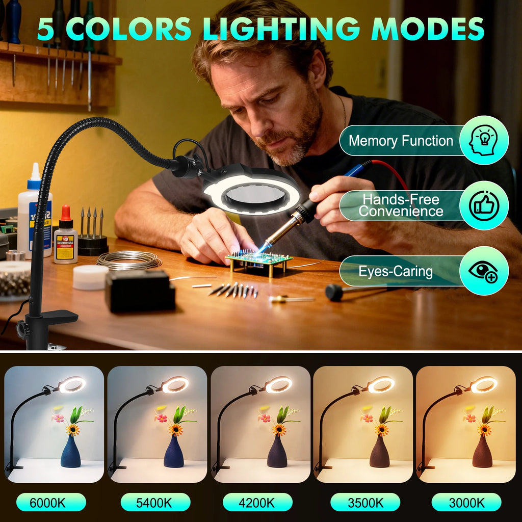 5X Magnifying Glass with Light 5 Color Modes Dimmable Lighted Magnifying Lamp Glass for Reading, Close Work, Hobbies, Crafts