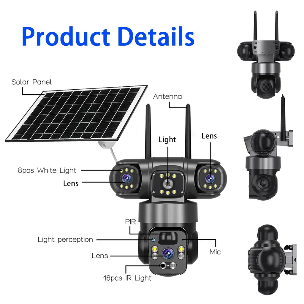 15MP 8K Wifi IP Camera Solar Outdoor Waterproof Three Lenses Camera HD Low Power Battery PIR Night Vision CCTV Security Cam