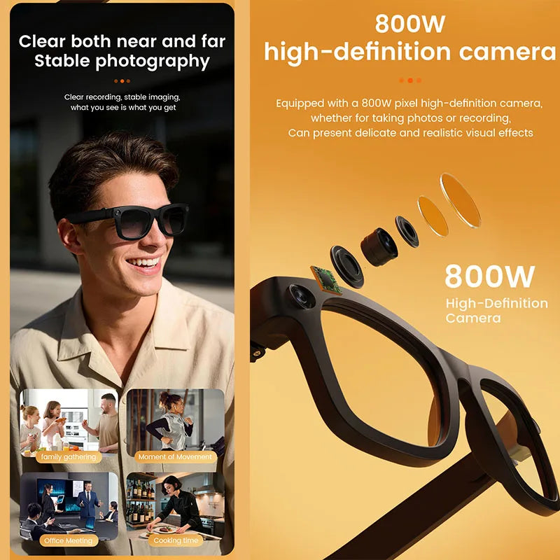 2026 New Smart AI Glasses with AI Translation 800W HD Camera EIS Stabilization 1080P Video Recording and WiFi Transmission