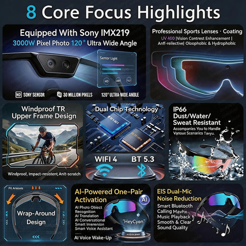 2026 New AI Camera Glasses, 1200P HD Video Recording, 30MP Photo Shooting, Voice Assistant, WiFi Sync for Cycling Hiking Travel
