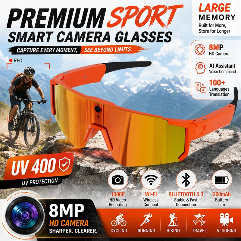 2026 New AI Smart Glasses 800W Camera HD Anti-shake Bicycle Riding Shooting&recording IP54 Water & Dust Translation Smartglasses