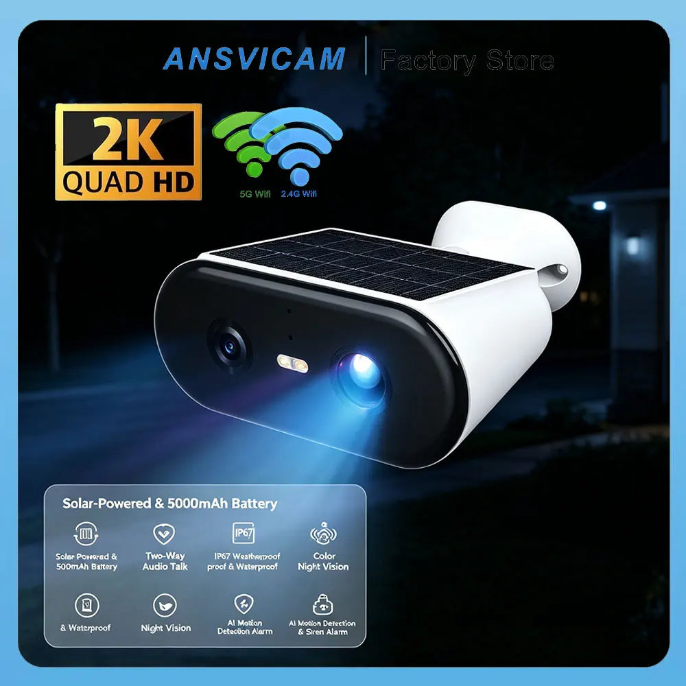 ANSVICAM 2K Solar Camera Built-in Battery 5MP 5G WIFI Security Camera Long Time Standby Color Night Vision Outdoor Wireless Cam