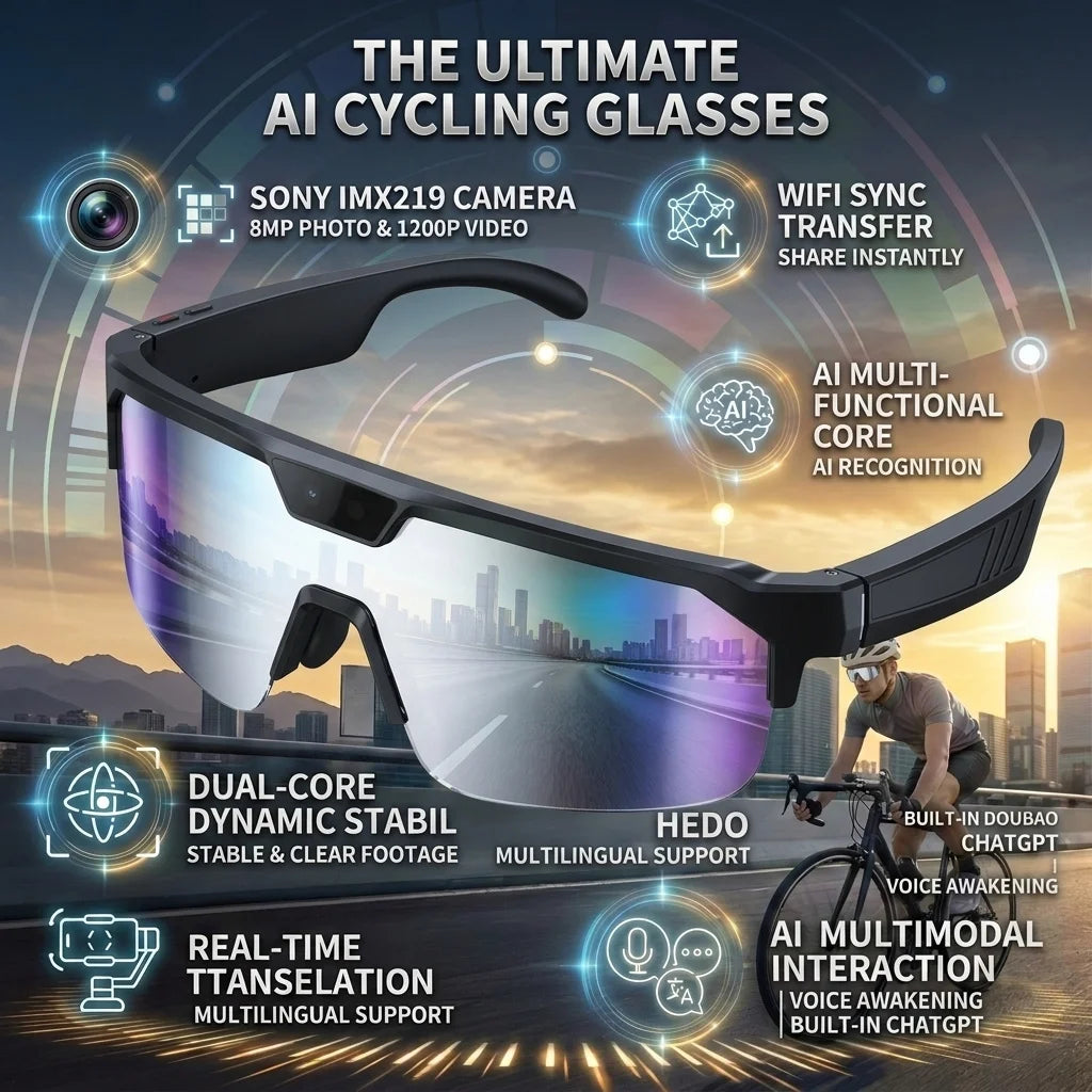 2026 New 1200P Camera Smart Glasses Men 8MP Pixel Anti-shake Video Cycling Goggles ChatGPT Translation Dual Mic Audio Sunglasses