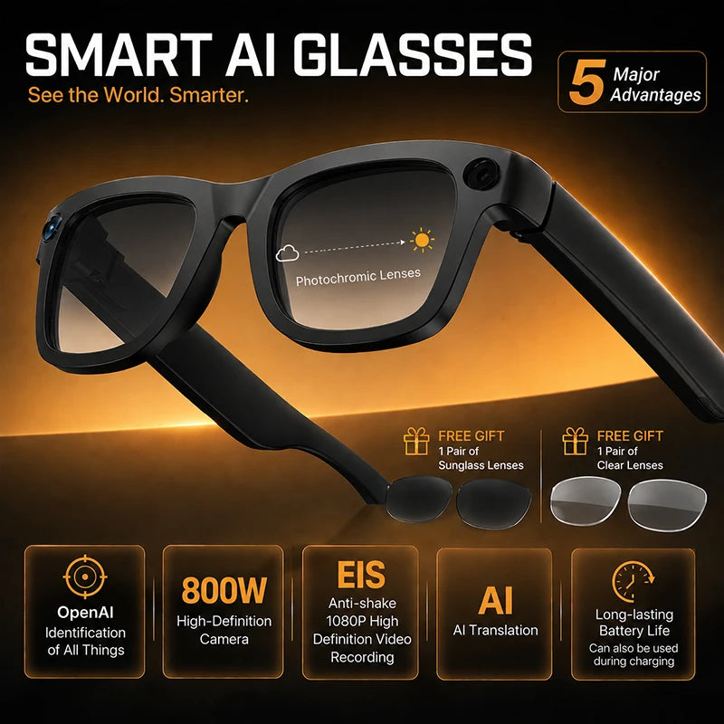 2026 New Smart AI Glasses with AI Translation 800W HD Camera EIS Stabilization 1080P Video Recording and WiFi Transmission